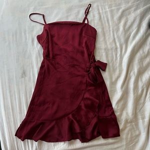 oh polly maroon bow wrap straight neckline satin formals dress